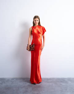 Twist shoulder backless midi satin dress in red