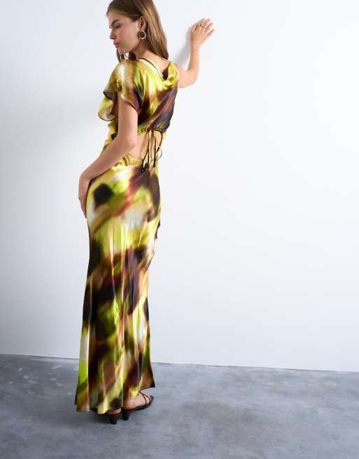 Topshop twist shoulder backless midi satin dress in abstract yellow print