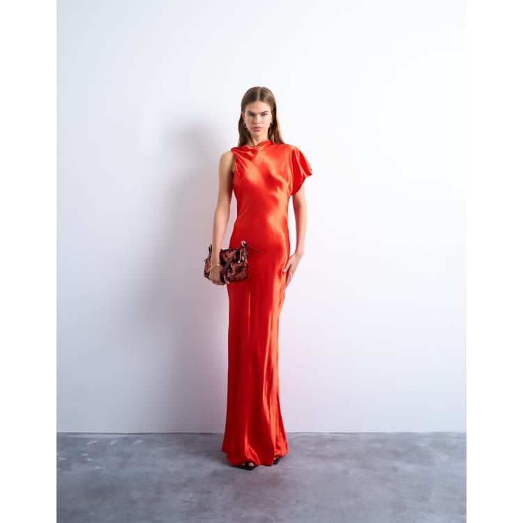 Topshop twist shoulder backless satin midi dress in red | ASOS