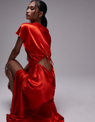 Topshop Twist Shoulder Backless Satin Midi Dress In Red