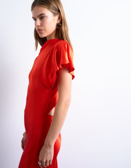 Topshop twist shoulder backless satin midi dress in red