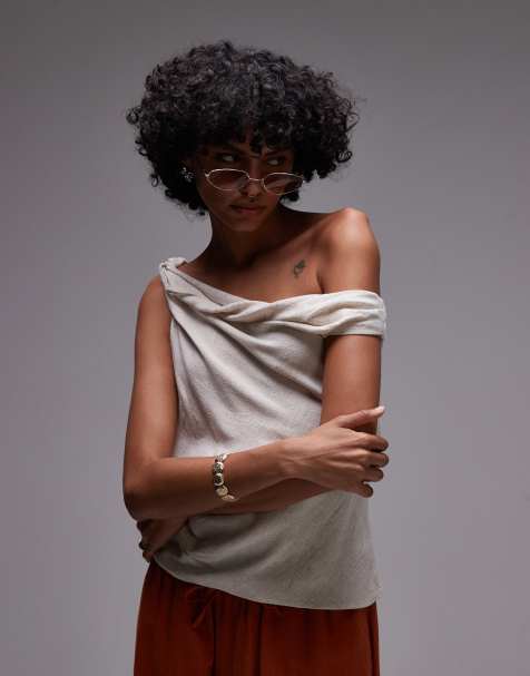 Topshop twist shoulder bardot top in natural - view 1