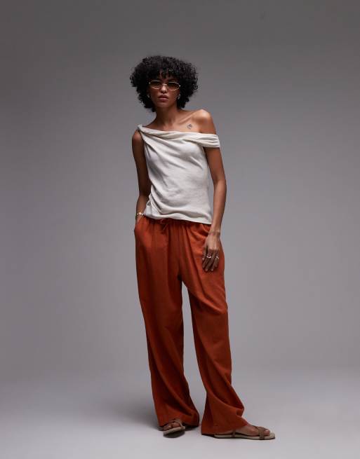 Topshop twist shoulder bardot top in natural, 4 of 4