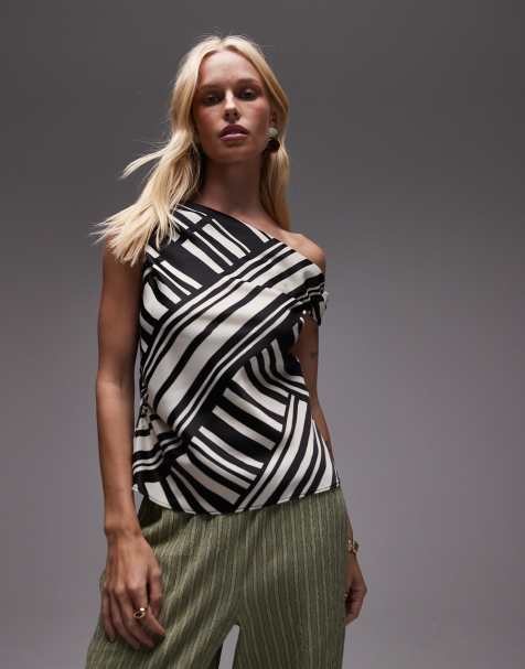 Topshop twist shoulder bardot top in satin mono stripe - view 1