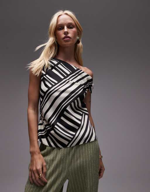 Topshop twist shoulder bardot top in satin mono stripe