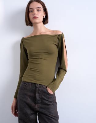 Topshop Twist Shoulder Detail Long Sleeve Top In Green