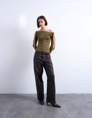 Topshop Twist Shoulder Detail Long Sleeve Top In Green