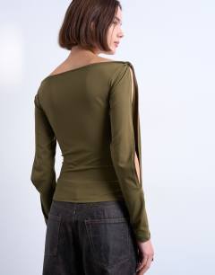 Model wearing Twist shoulder detail long sleeve top in brown