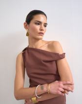 Topshop twist shoulder linen asymmetric top in chocolate