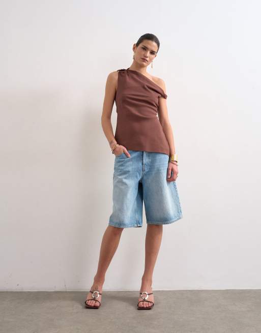 Topshop twist shoulder linen asymmetric top in chocolate, 2 of 4