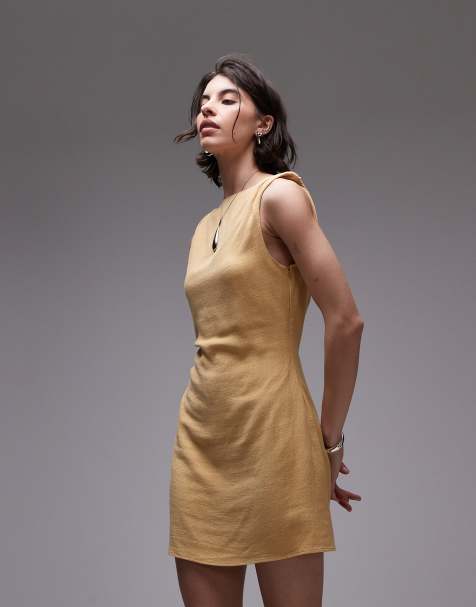 Topshop twist shoulder linen mini dress in buttermilk - view 1