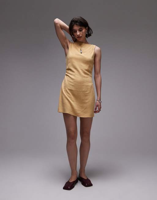 Topshop twist shoulder linen mini dress in buttermilk