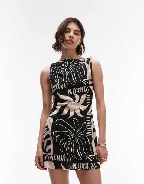 Topshop twist shoulder linen mini dress in mono abstract print - view 1