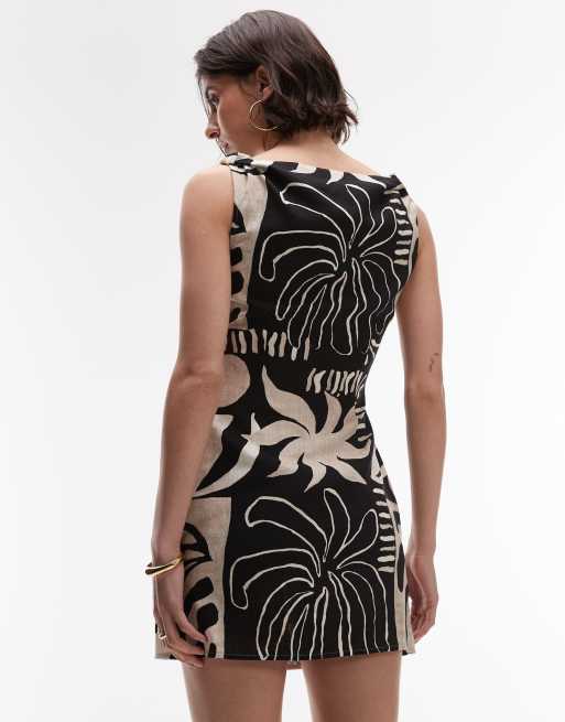 Topshop twist shoulder linen mini dress in mono abstract print