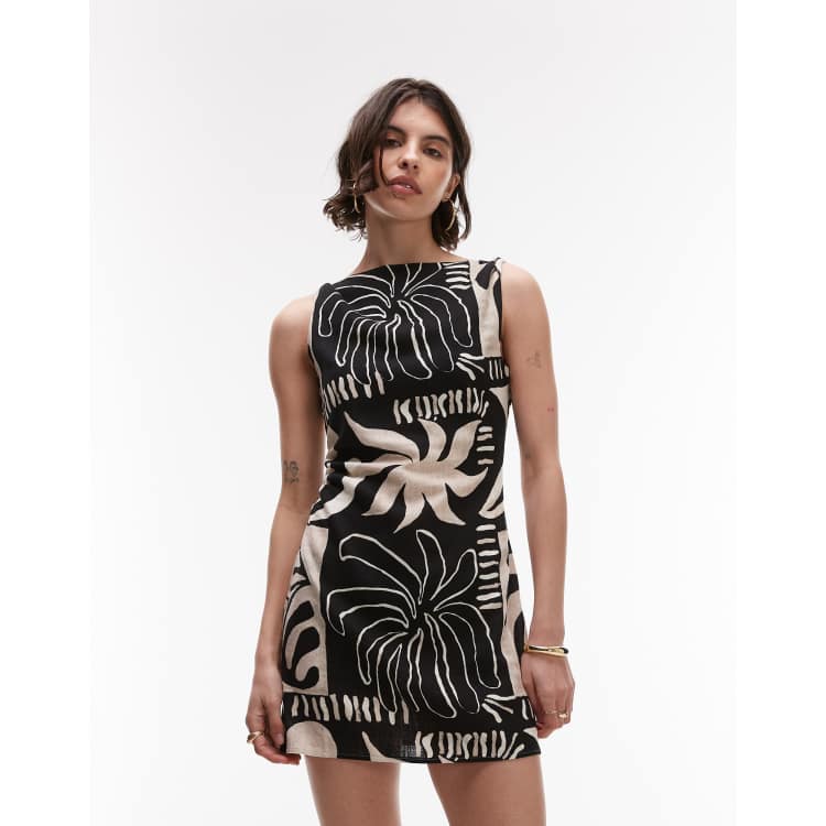 Topshop twist shoulder mini linen dress in mono abstract print | ASOS