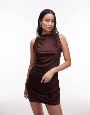 twist shoulder slip mini dress in bitter chocolate-Red