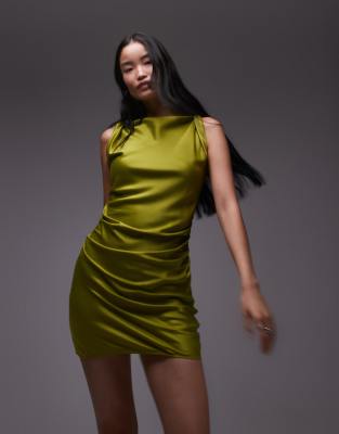 twist shoulder slip mini dress in olive-Green