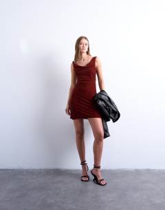 Twist shoulder velvet cami mini dress in tabacco