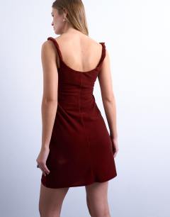 Model wearing Twist shoulder velvet cami mini dress in tabacco
