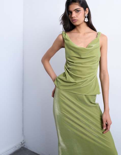 Topshop twist shoulder velvet cami top in avocado - part of a set - view 1