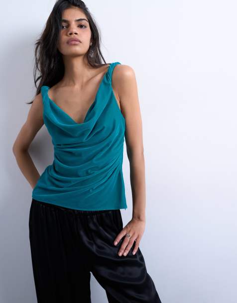 Topshop twist shoulder velvet cami top in teal - view 1