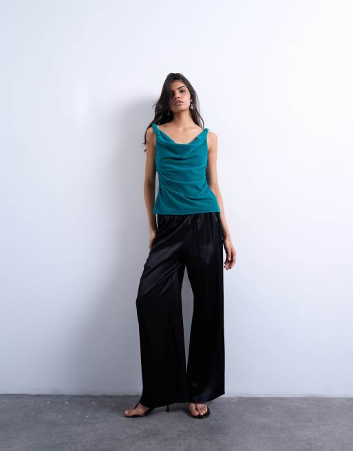Topshop twist shoulder velvet cami top in teal