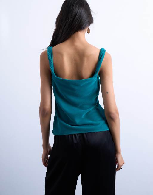 Topshop twist shoulder velvet cami top in teal