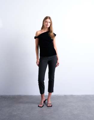 Topshop Twist Shoulder Velvet Top In Black