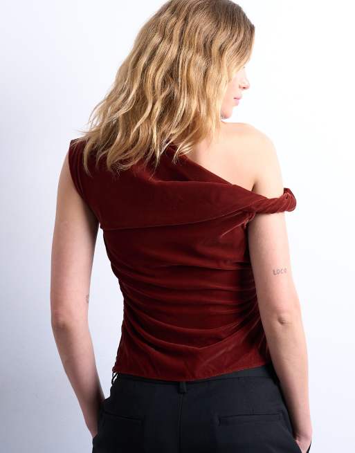 Topshop twist shoulder velvet top in tobacco, 4 of 4
