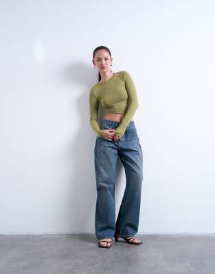 Topshop Twist Side Long Sleeve Top In Green