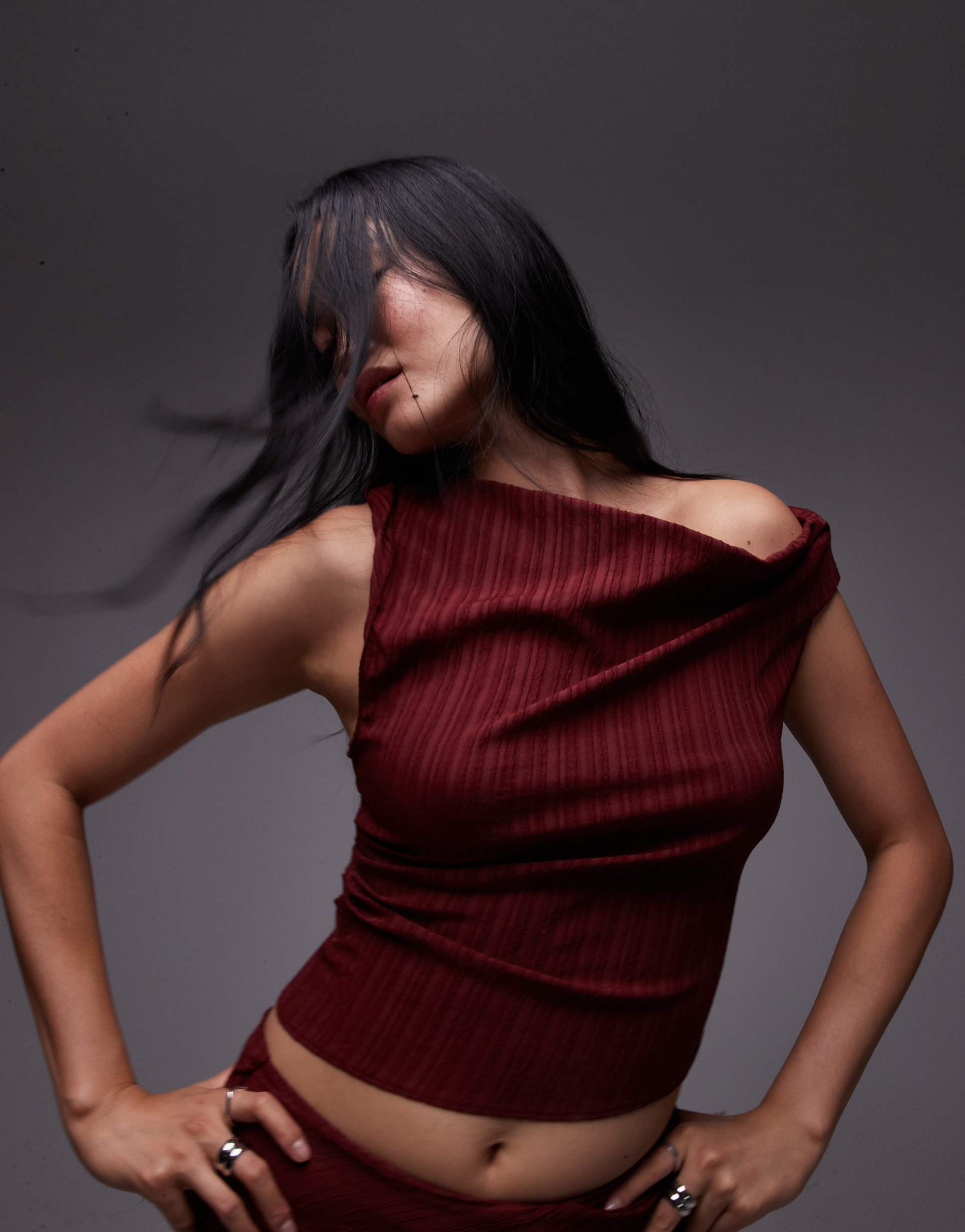 topshop twisted off shoulder top in burgundy - part of a set