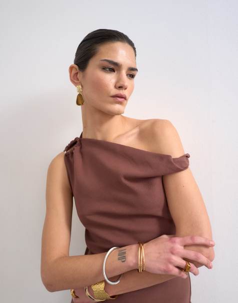 Topshop twisted shoulder linen mix asymmetric top in chocolate - view 1