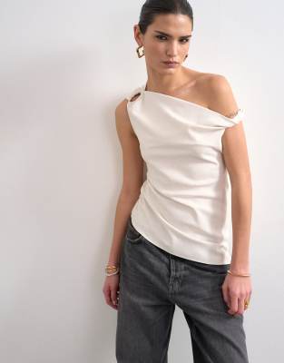 Topshop Twisted Shoulder Linen Mix Asymmetric Top In Neutral