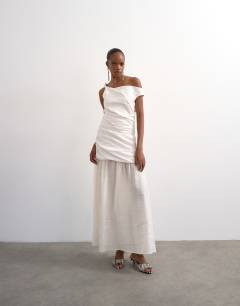 Twisted shoulder sheer skirt midi dress in off-white