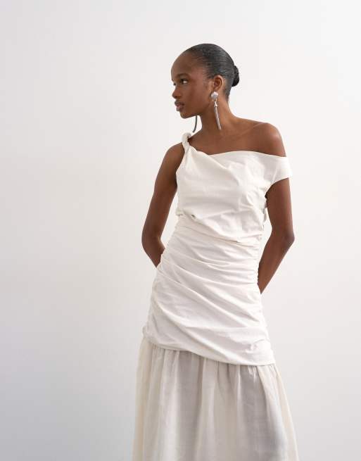 Topshop twisted shoulder sheer skirt midi dress in off-white, 2 of 4