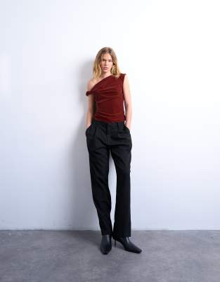 Topshop Twisted Shoulder Velvet Top In Red