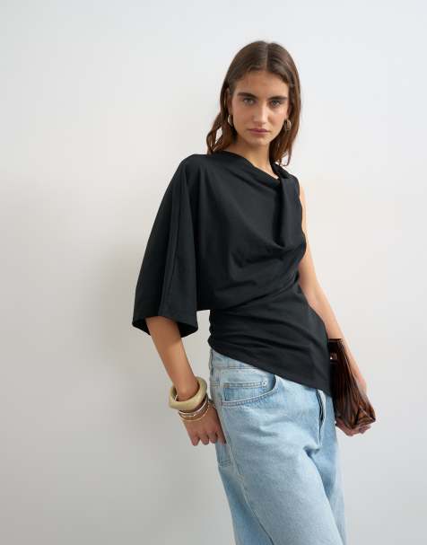 Topshop twisted strap asymmetric top in black - view 1