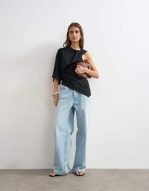 Topshop twisted strap asymmetric top in black, 3 of 4