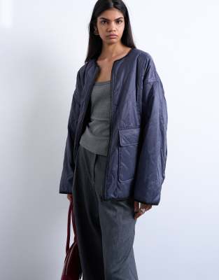 Topshop Two Tone Collarless Fleece Liner Jacket In Blue