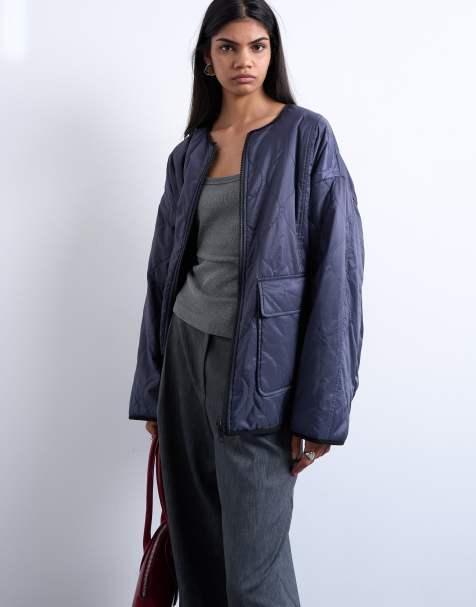 Topshop two-tone collarless fleece liner jacket in navy - view 1