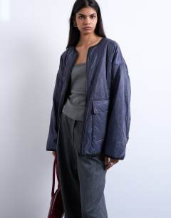 Two tone collarless fleece liner jacket in navy