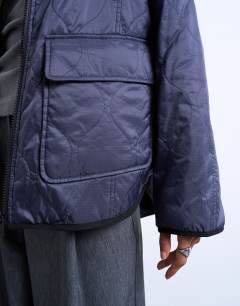 Model wearing Two tone collarless fleece liner jacket in navy