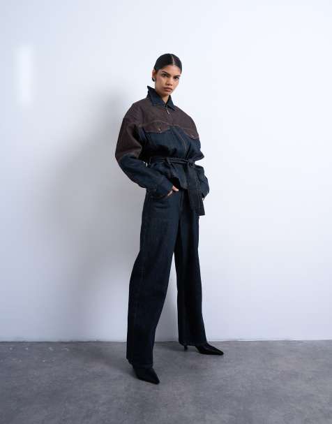 Topshop two tone denim set in brown and blue - view 1