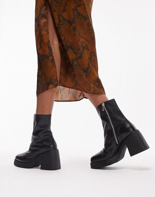 Topshop Tyra Leather Block Heeled Boot In Black