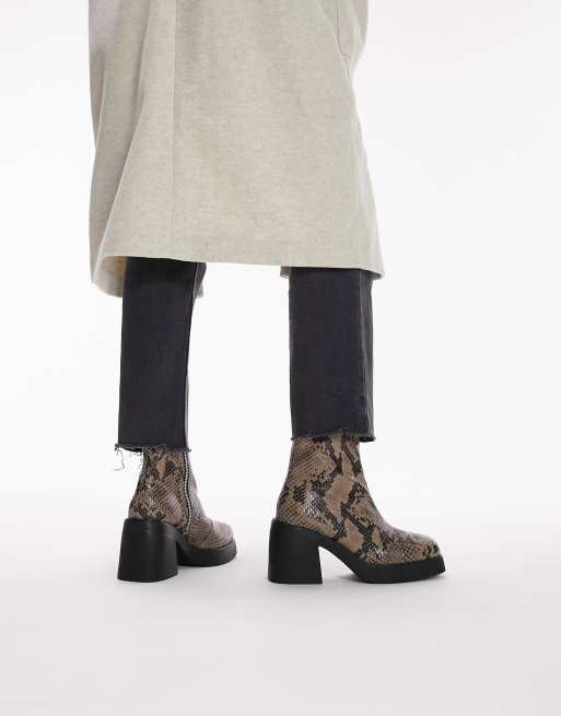 Topshop Tyra leather block heeled boot in snake