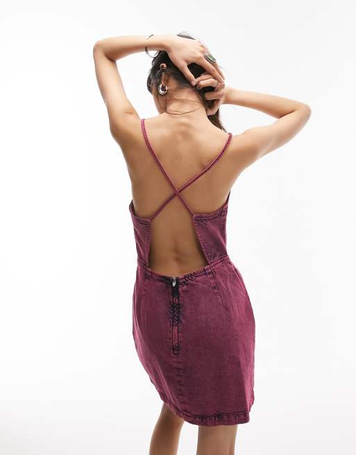 Topshop – Überfärbtes Jeanskleid in Rosa 