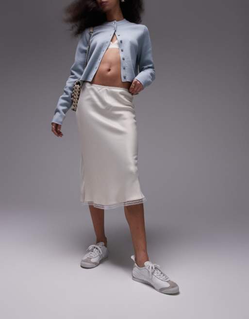 Topshop – Überknielanger Rock in Elfenbein mit Spitzenbesatz und asymmetrischem Saum 