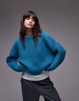 Topshop - Ultimate - Flauschiger Strickpullover in Blau mit lockerem Schnitt-Bunt