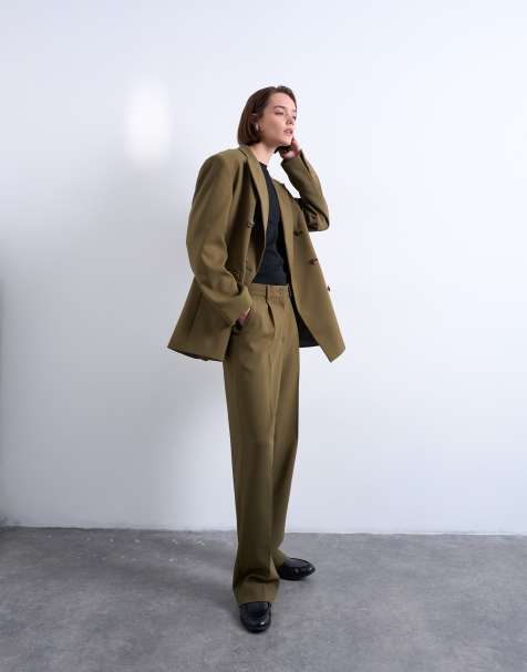 Topshop – Ultimate – Gröna, slouchy, figursydda byxor med veck, del av set - view 1