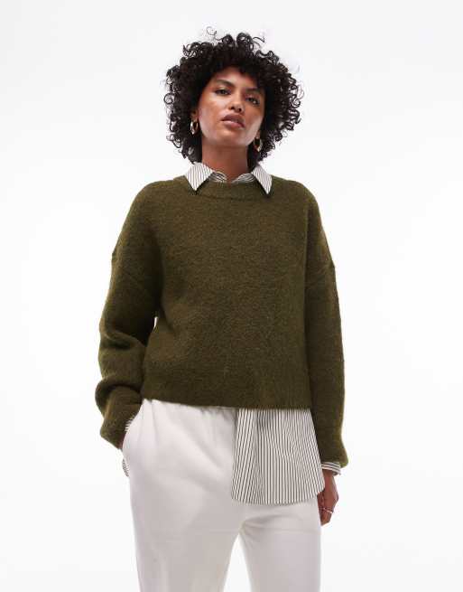 Topshop - Ultimate - Pull décontracté en maille duveteuse - Kaki, 3 de 4